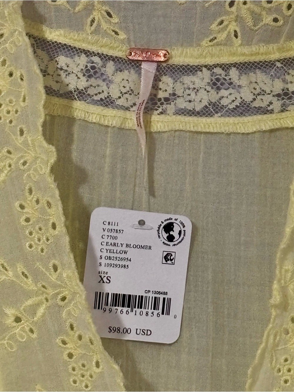 NWT Free People Day Dreamer EARLY BLOOMER YELLOW Embroidered Eyelet Lace Top XS - Picture 3 of 6
